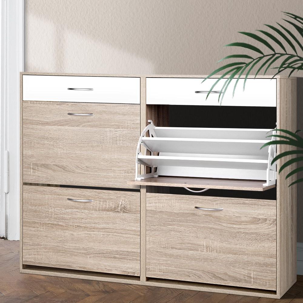 Artiss 2 Tier Shoe Cabinet in white, featuring four pull-down compartments and two top drawers for organized shoe storage.