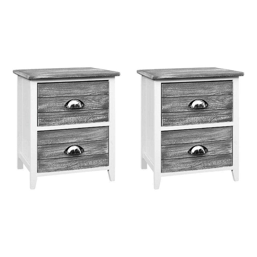 Artiss 2x Bedside Table Nightstands with 2 drawers in grey, featuring vintage design and antique-inspired handles.