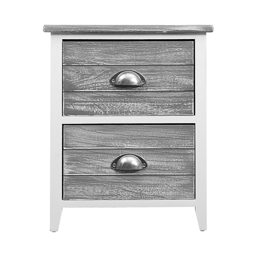 Artiss 2x Bedside Table Nightstands with 2 drawers in grey, featuring vintage design and antique-inspired handles.