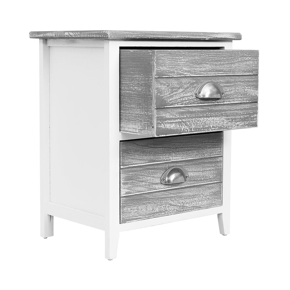 Artiss 2x Bedside Table Nightstands with 2 drawers in grey, featuring vintage design and antique-inspired handles.