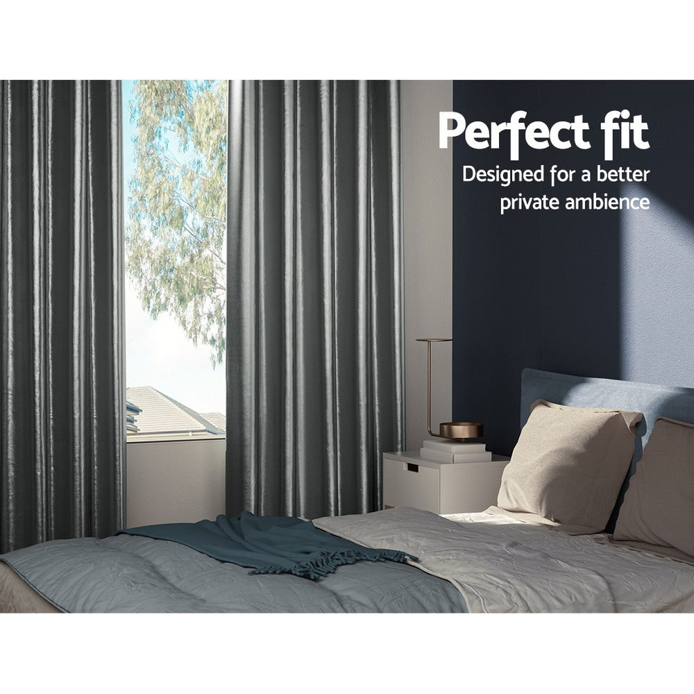 Artiss 2X Blockout Curtains in grey, featuring stainless steel eyelets and soft triple weave fabric, ideal for light and noise reduction.