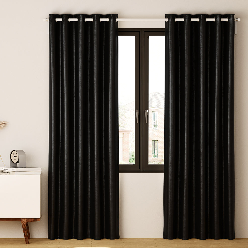 Artiss 2X Blockout Curtains in black, featuring stainless steel eyelets and soft triple weave fabric, ideal for thermal insulation and noise reduction.