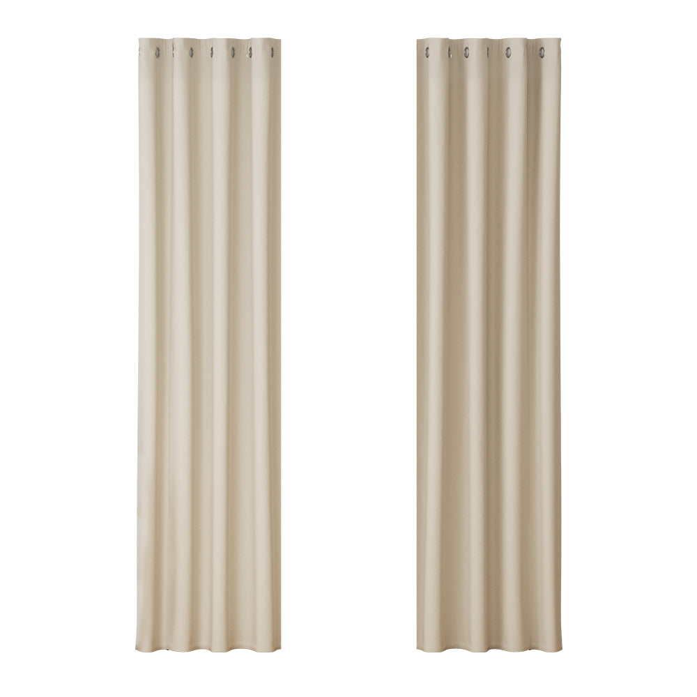 Artiss 2X Blockout Curtains in beige color, featuring stainless steel eyelets and soft triple weave fabric, ideal for light and temperature control.