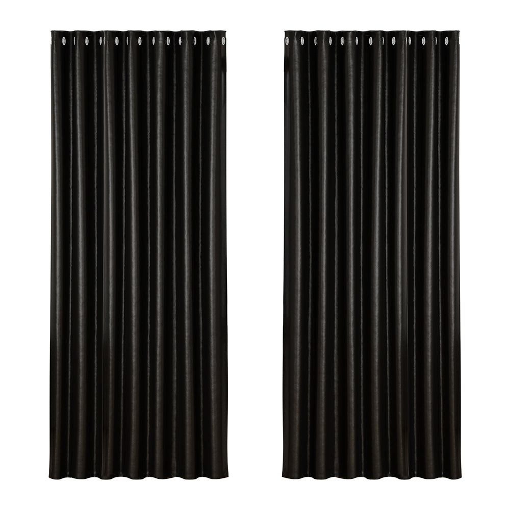 Artiss 2X Blockout Curtains in black, featuring stainless steel eyelets and soft triple weave fabric, ideal for light and noise reduction.