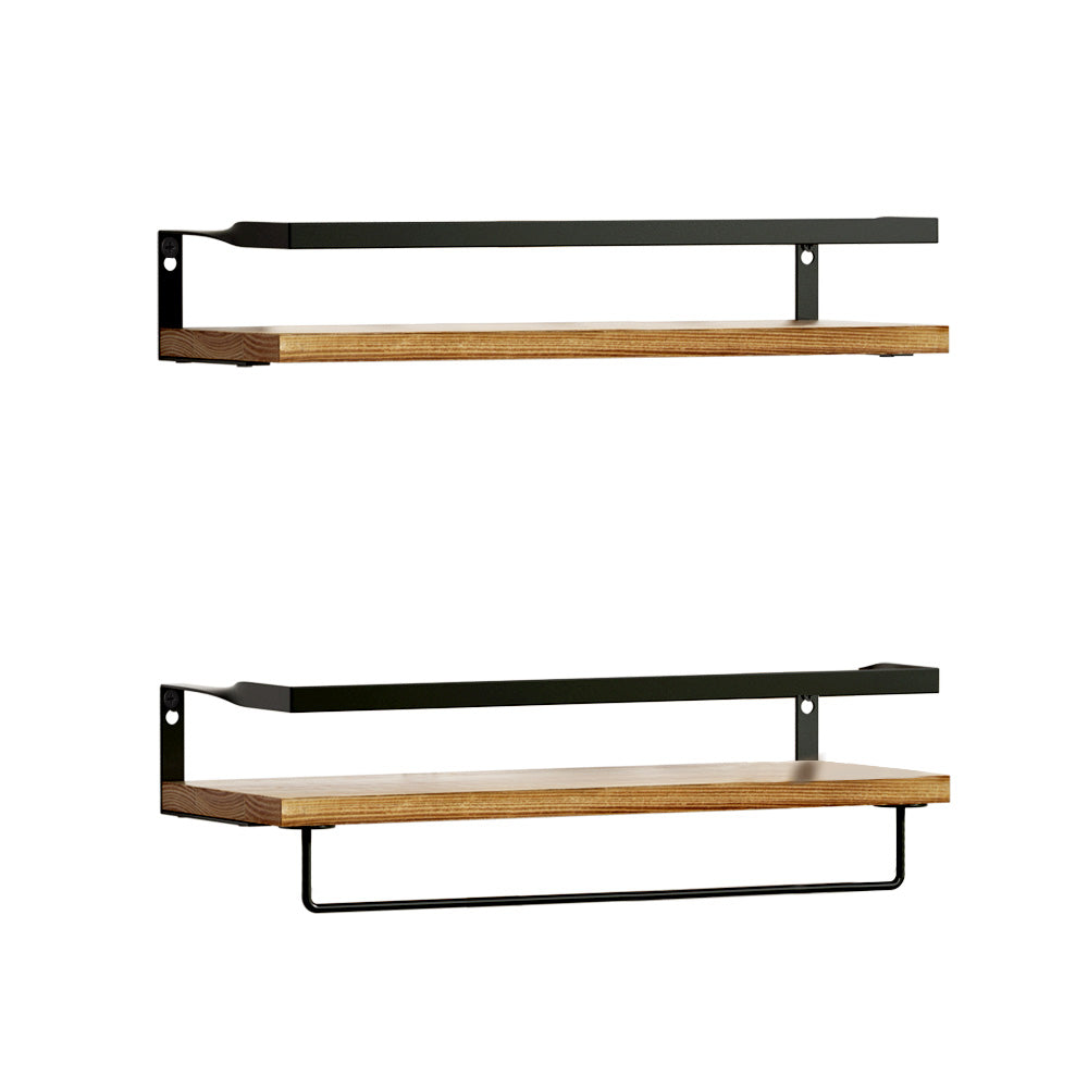 Artiss 2x Floating Wall Shelves featuring solid pine wood and black metal brackets, ideal for stylish storage.