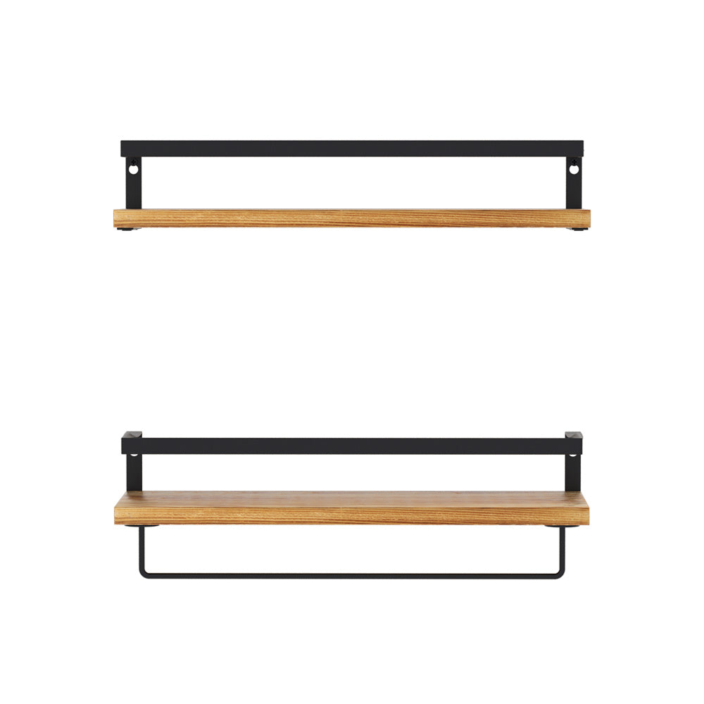 Artiss 2x Floating Wall Shelves featuring solid pine wood and black metal brackets, ideal for stylish storage.