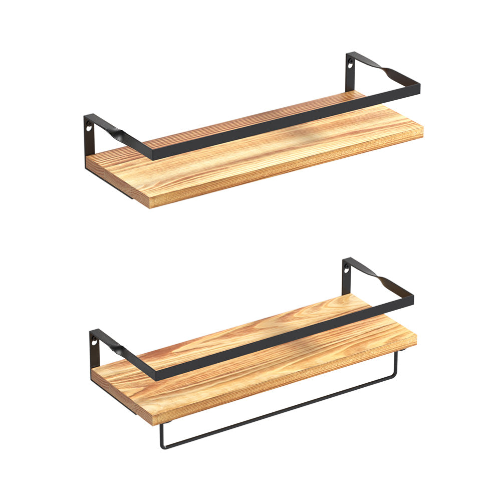 Artiss 2x Floating Wall Shelves featuring solid pine wood and black metal brackets, ideal for stylish storage.