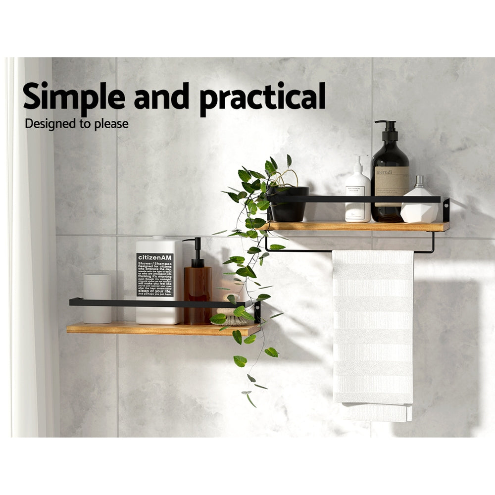 Artiss 2x Floating Wall Shelves featuring solid pine wood and black metal brackets, ideal for stylish storage.