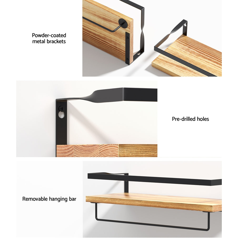 Artiss 2x Floating Wall Shelves featuring solid pine wood and black metal brackets, ideal for stylish storage.