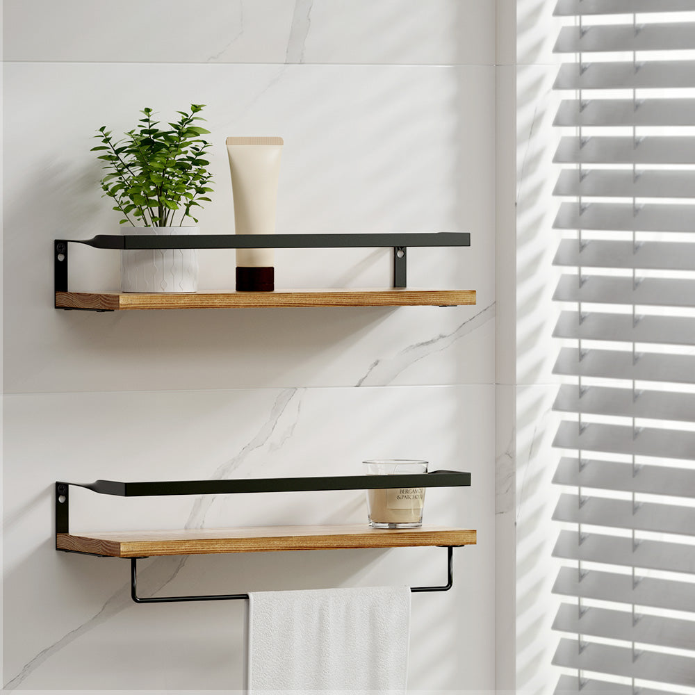 Artiss 2x Floating Wall Shelves featuring solid pine wood and black metal brackets, ideal for stylish storage.