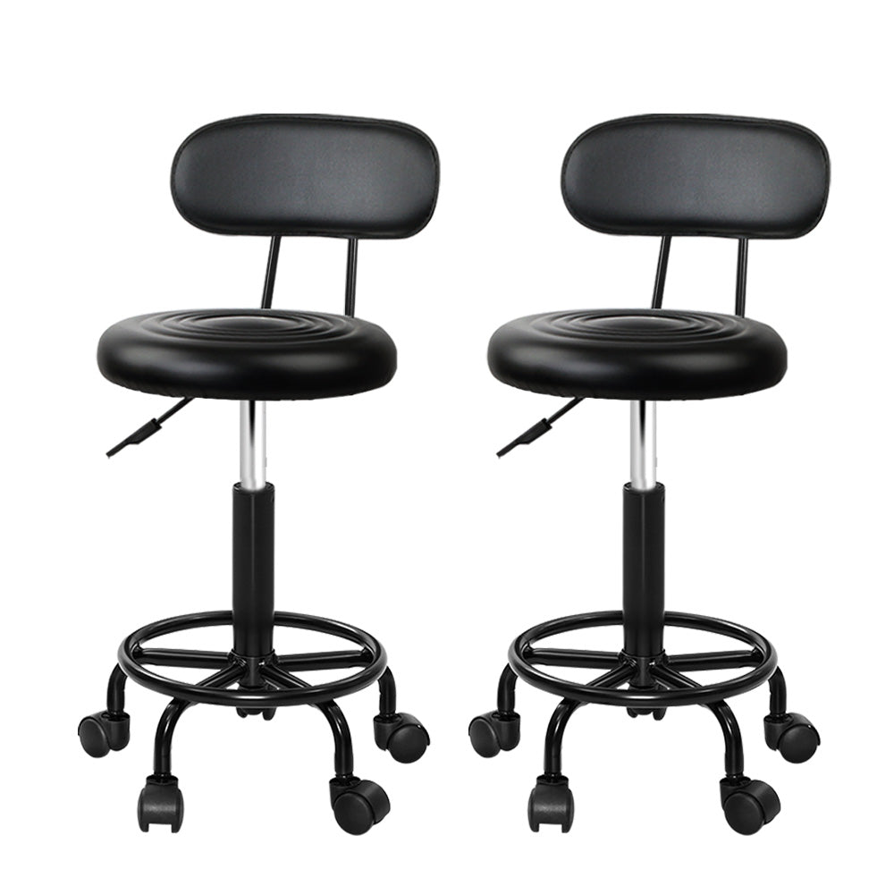 Artiss 2X Salon Stool featuring a swivel backrest, black PU leather upholstery, and a sturdy base with castor wheels, perfect for salons and studios.