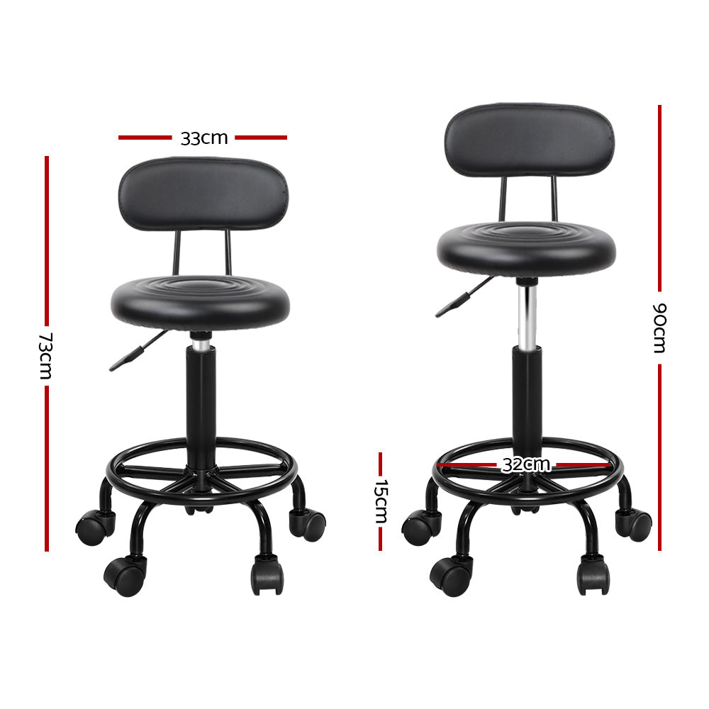 Artiss 2X Salon Stool featuring a swivel backrest, black PU leather upholstery, and a sturdy base with castor wheels, perfect for salons and studios.