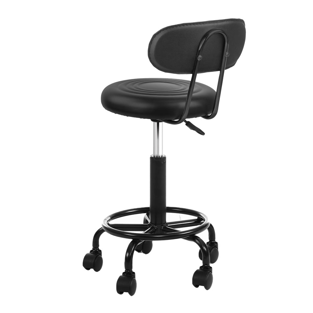 Artiss 2X Salon Stool featuring a swivel backrest, black PU leather upholstery, and a sturdy base with castor wheels, perfect for salons and studios.