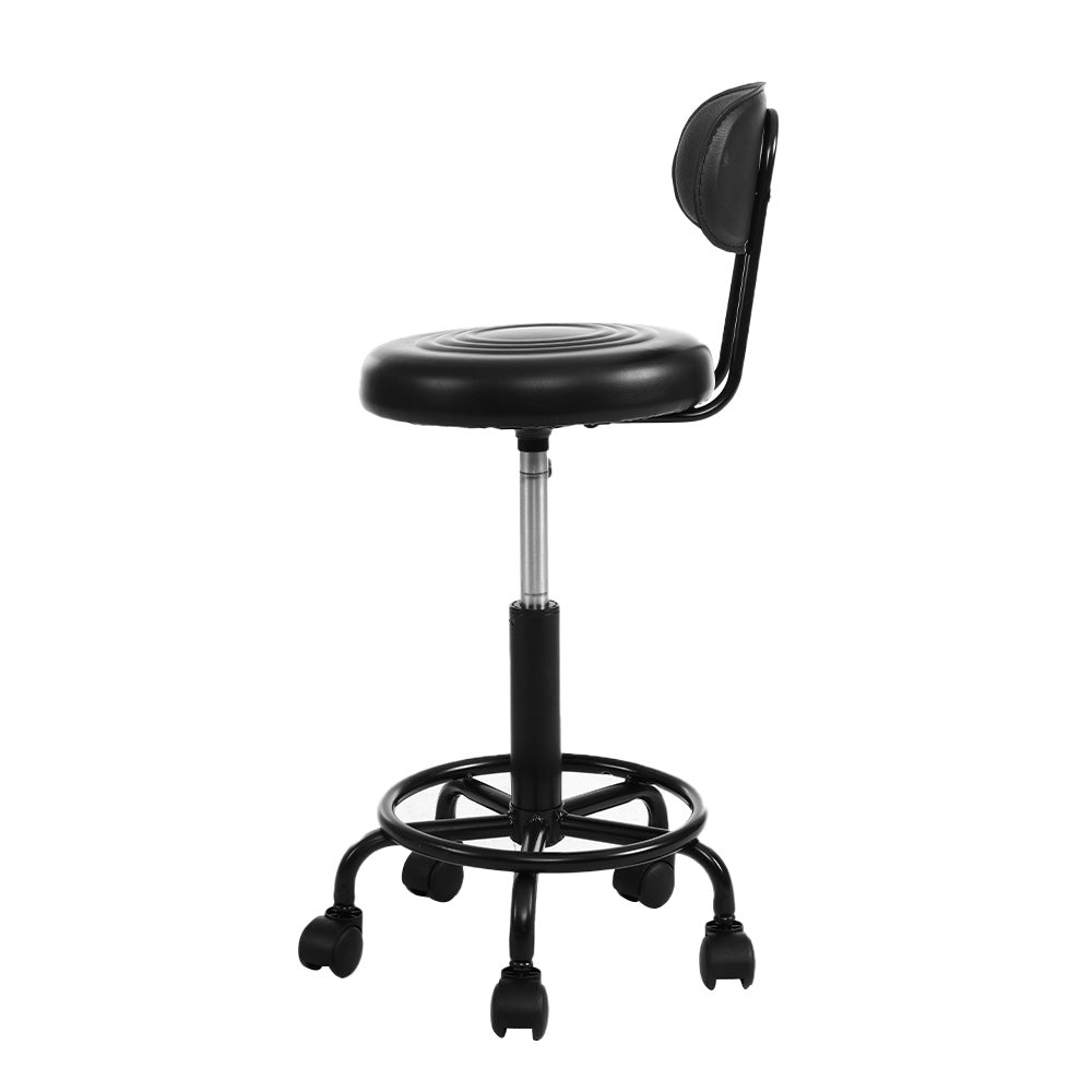 Artiss 2X Salon Stool featuring a swivel backrest, black PU leather upholstery, and a sturdy base with castor wheels, perfect for salons and studios.