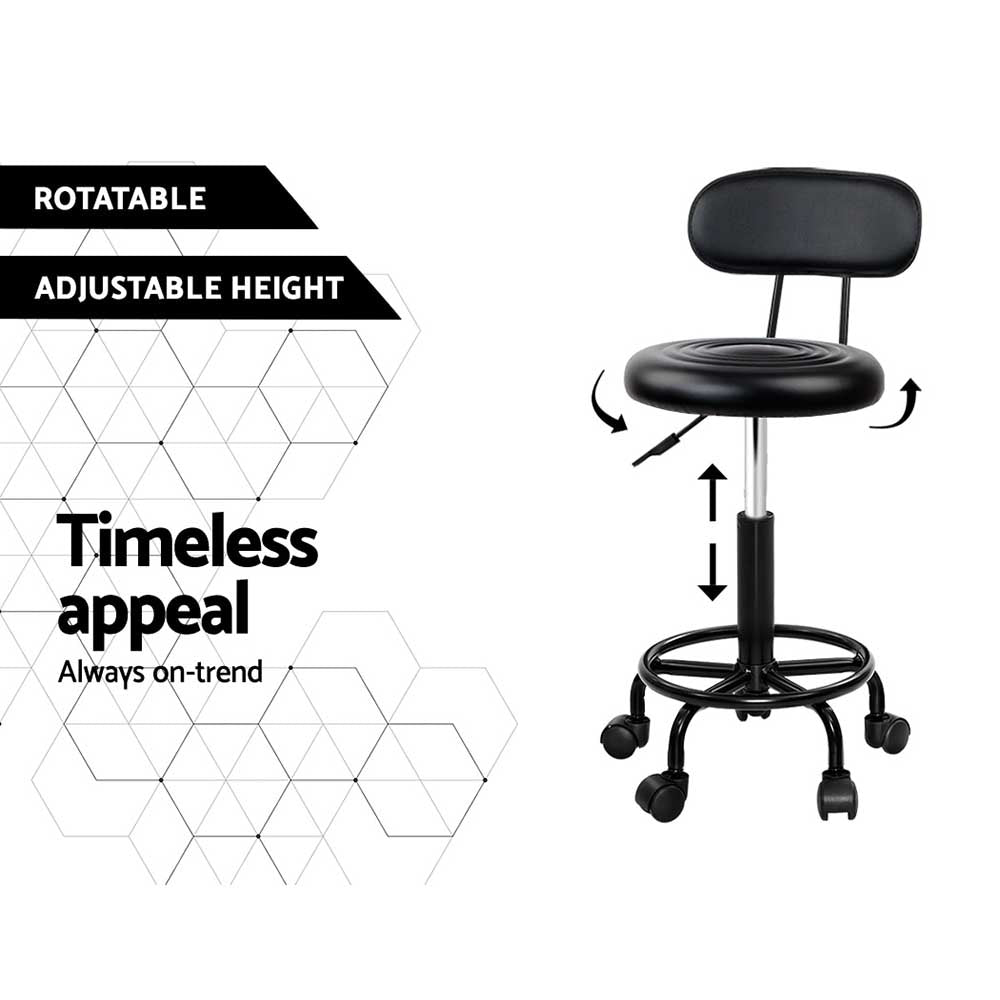 Artiss 2X Salon Stool featuring a swivel backrest, black PU leather upholstery, and a sturdy base with castor wheels, perfect for salons and studios.