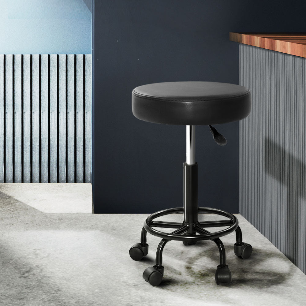 Artiss 2X Salon Stool featuring a round seat design, premium PU leather upholstery, and a sturdy black powder-coated iron base.