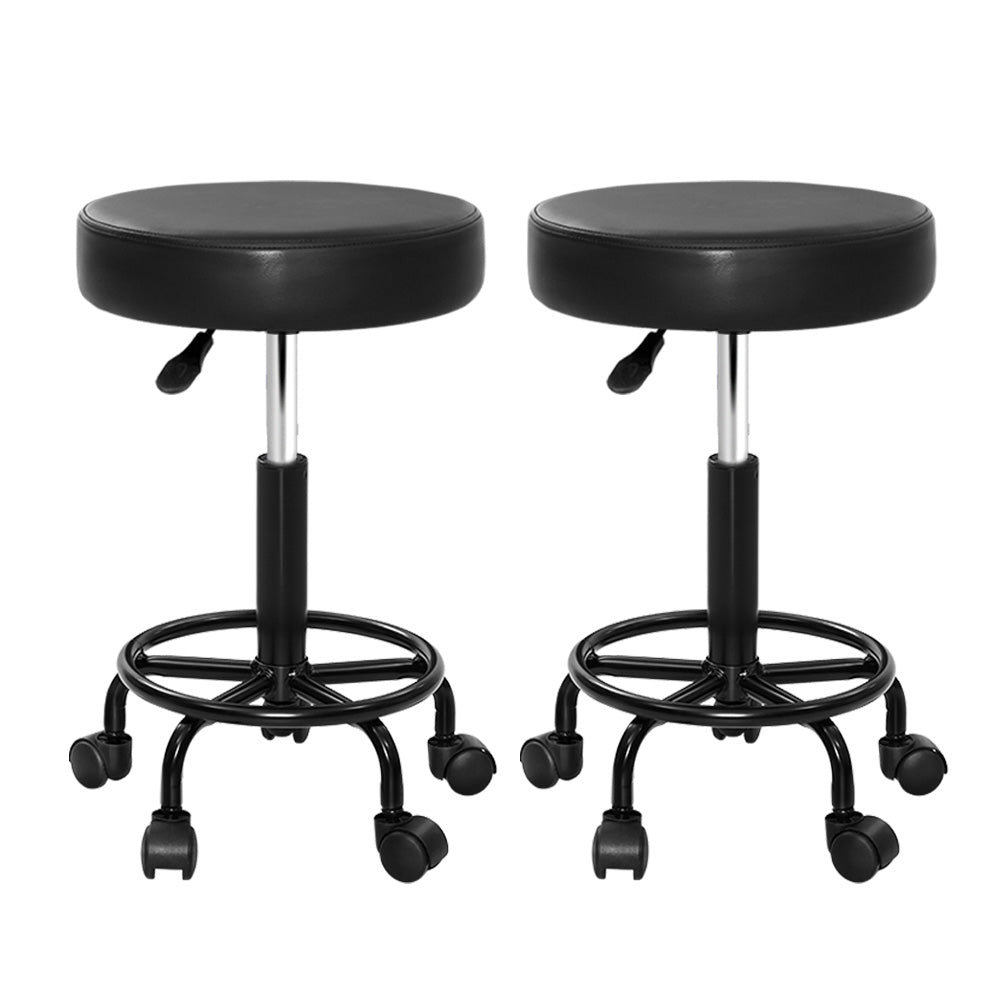 Artiss 2X Salon Stool featuring a round seat design, premium PU leather upholstery, and a sturdy black powder-coated iron base.