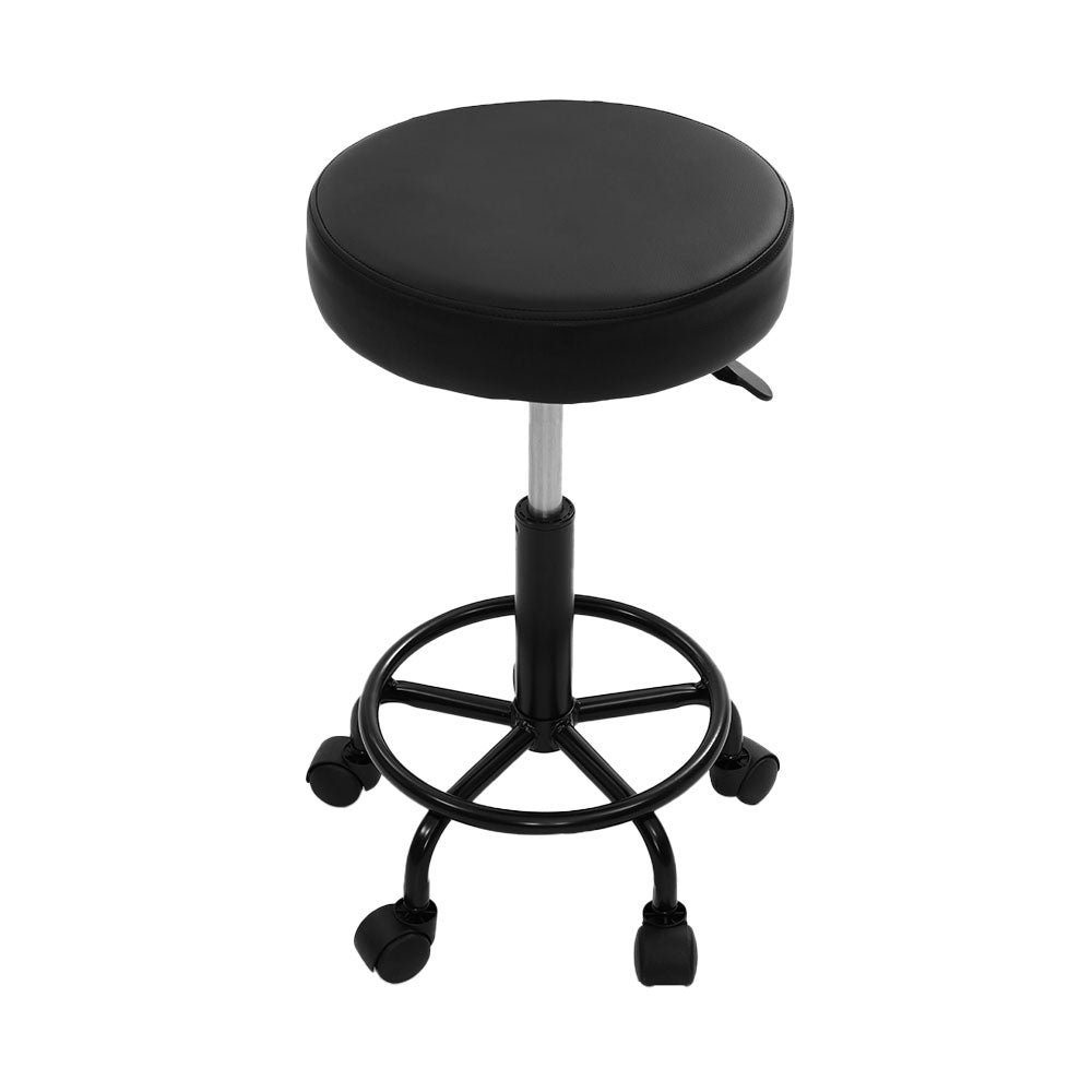 Artiss 2X Salon Stool featuring a round seat design, premium PU leather upholstery, and a sturdy black powder-coated iron base.