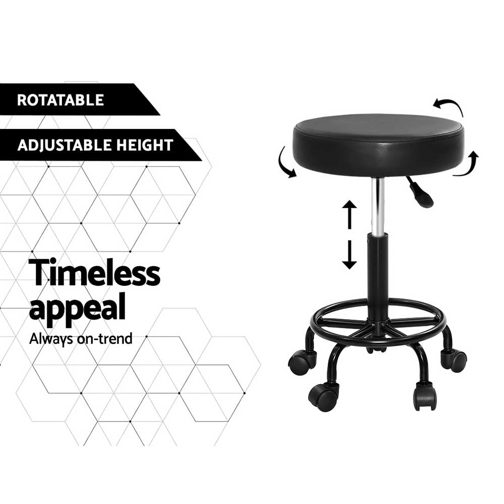 Artiss 2X Salon Stool featuring a round seat design, premium PU leather upholstery, and a sturdy black powder-coated iron base.