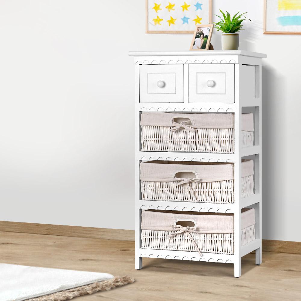 Artiss 3 Basket Storage Drawers in White, featuring two drawers and three removable baskets for stylish organization.