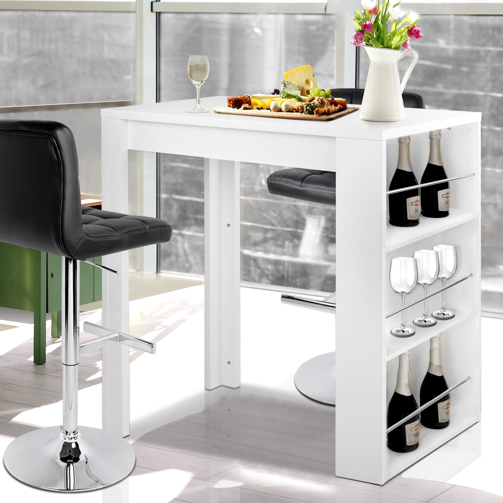 Artiss 3 Level Storage Bar Table in white with three shelves for storage, ideal for home or office use.