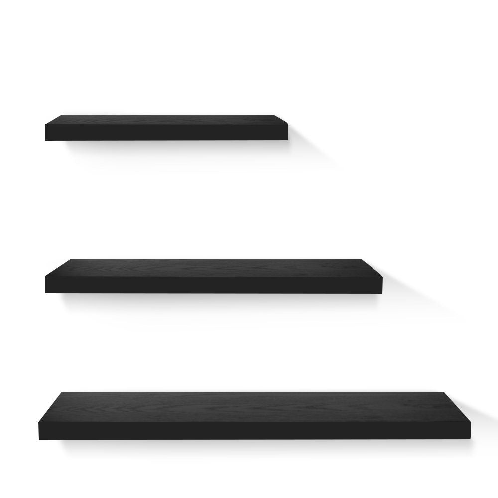 Artiss 3 Piece Floating Wall Shelves in Black, showcasing three sleek shelves mounted on a wall, ideal for home decor and organization.