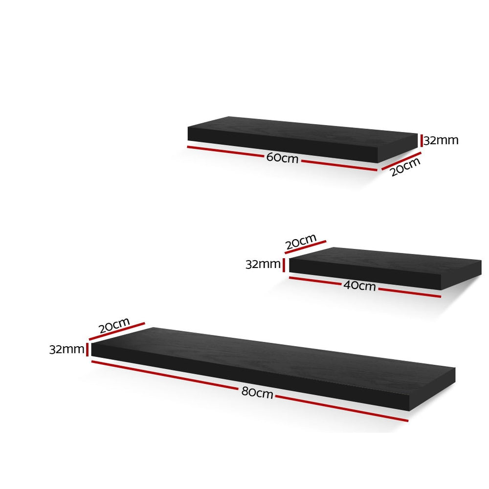 Artiss 3 Piece Floating Wall Shelves in Black, showcasing three sleek shelves mounted on a wall, ideal for home decor and organization.