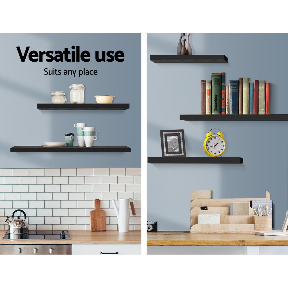 Artiss 3 Piece Floating Wall Shelves in Black, showcasing three sleek shelves mounted on a wall, ideal for home decor and organization.