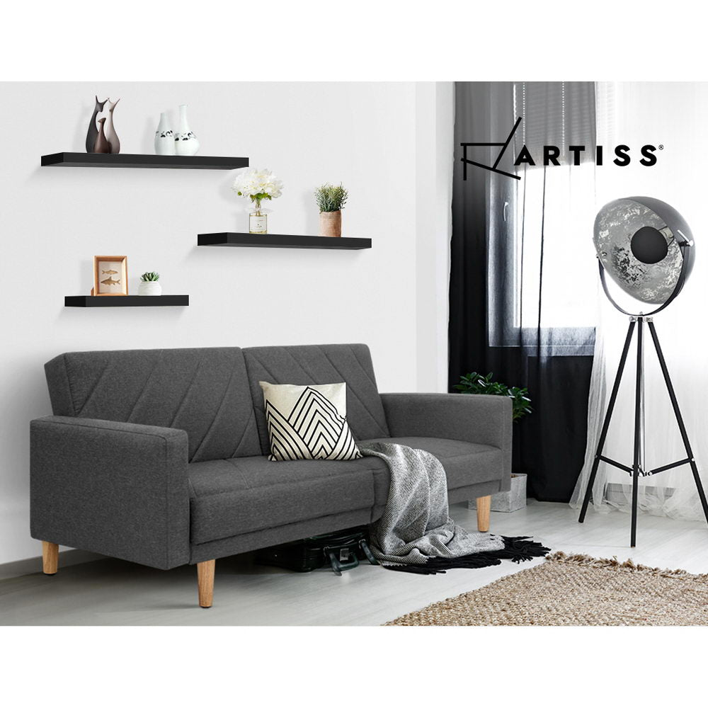 Artiss 3 Piece Floating Wall Shelves in Black, showcasing three sleek shelves mounted on a wall, ideal for home decor and organization.