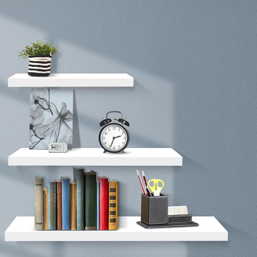 Artiss 3 Piece Floating Wall Shelves in white, showcasing three sturdy shelves mounted on a wall, ideal for home decor and organization.