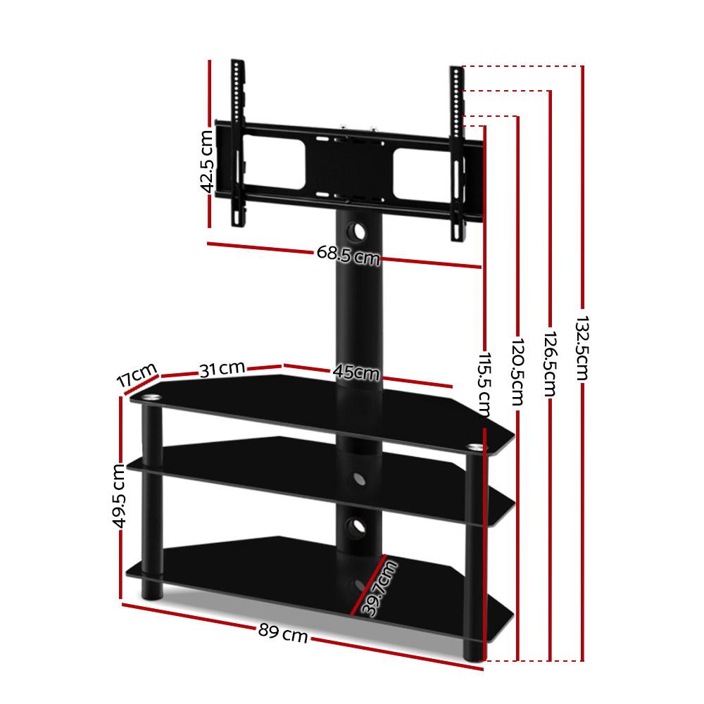 Artiss 3 Tier Floor TV Stand featuring tempered glass shelves and aluminum frame, designed for TVs from 32” to 60” with swivel and adjustable height.