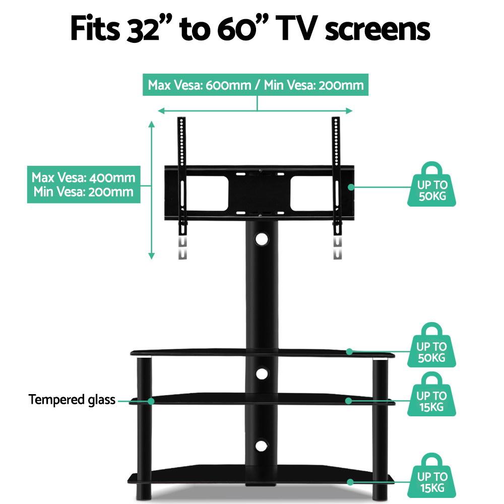 Artiss 3 Tier Floor TV Stand featuring tempered glass shelves and aluminum frame, designed for TVs from 32” to 60” with swivel and adjustable height.