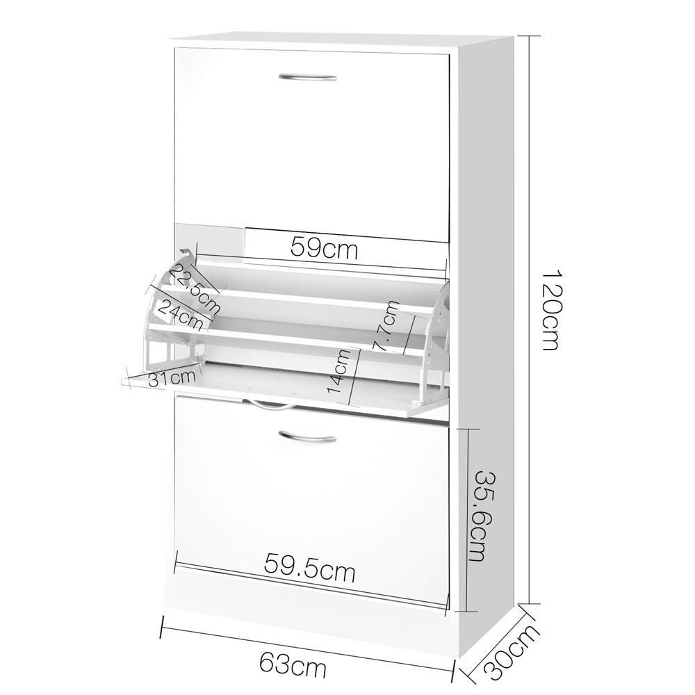 Artiss 3 Tier Shoe Cabinet in White, featuring three compartments and adjustable shelves for organized shoe storage.