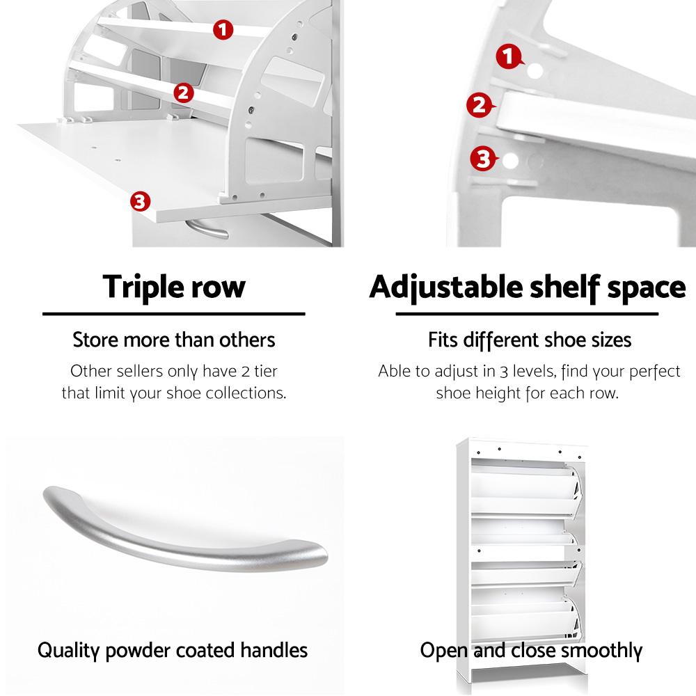 Artiss 3 Tier Shoe Cabinet in White, featuring three compartments and adjustable shelves for organized shoe storage.