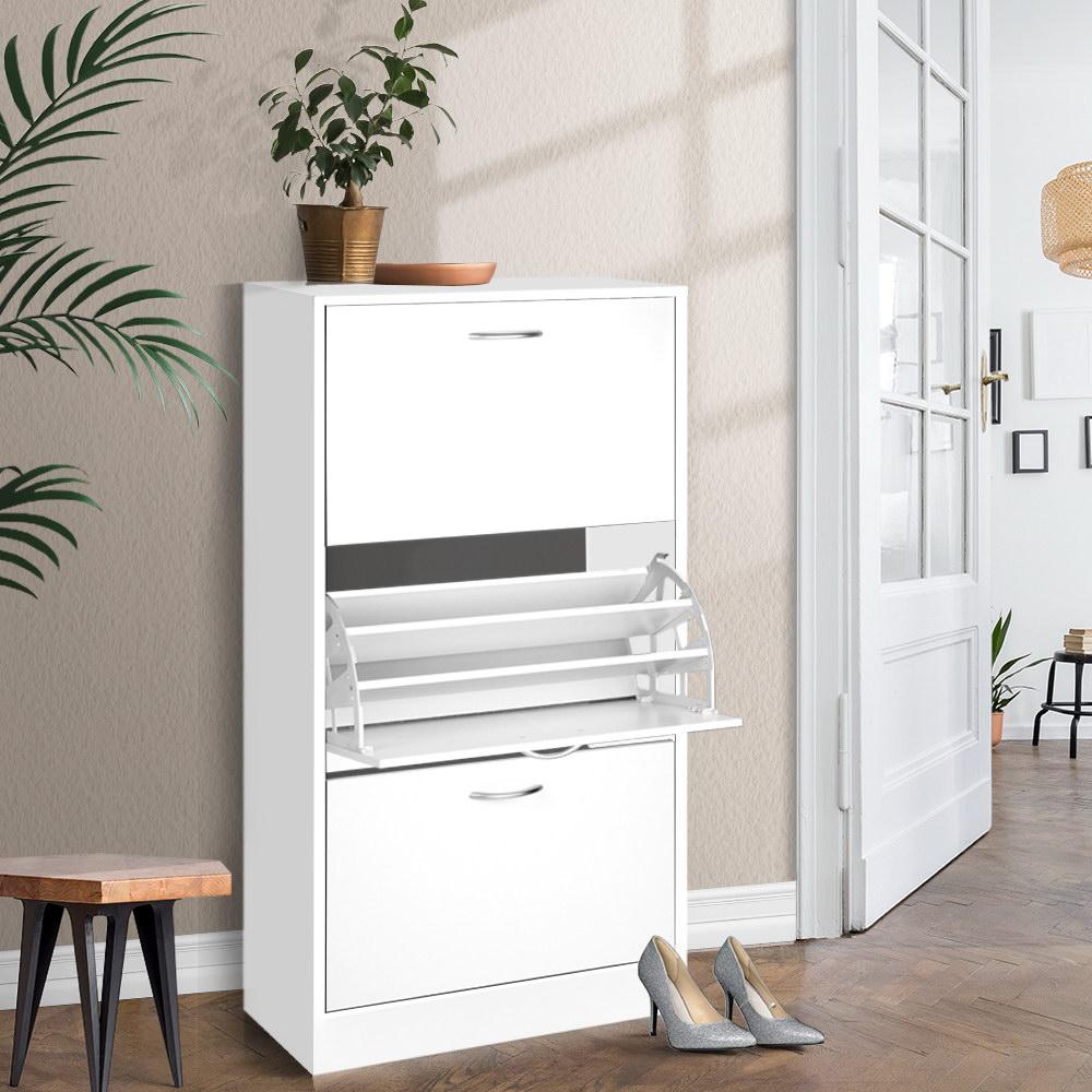 Artiss 3 Tier Shoe Cabinet in White, featuring three compartments and adjustable shelves for organized shoe storage.