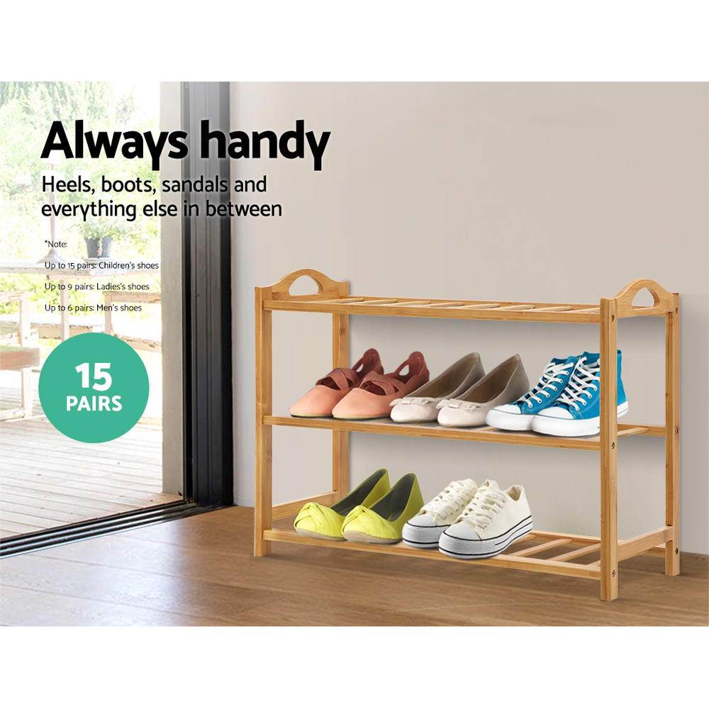 Artiss 3 Tiers Bamboo Shoe Rack showcasing a stylish wooden design with three open shelves for shoe storage.