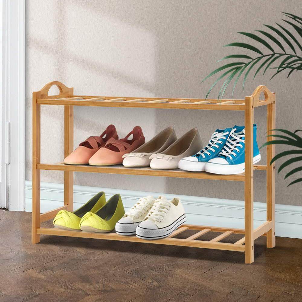 Artiss 3 Tiers Bamboo Shoe Rack showcasing a stylish wooden design with three open shelves for shoe storage.