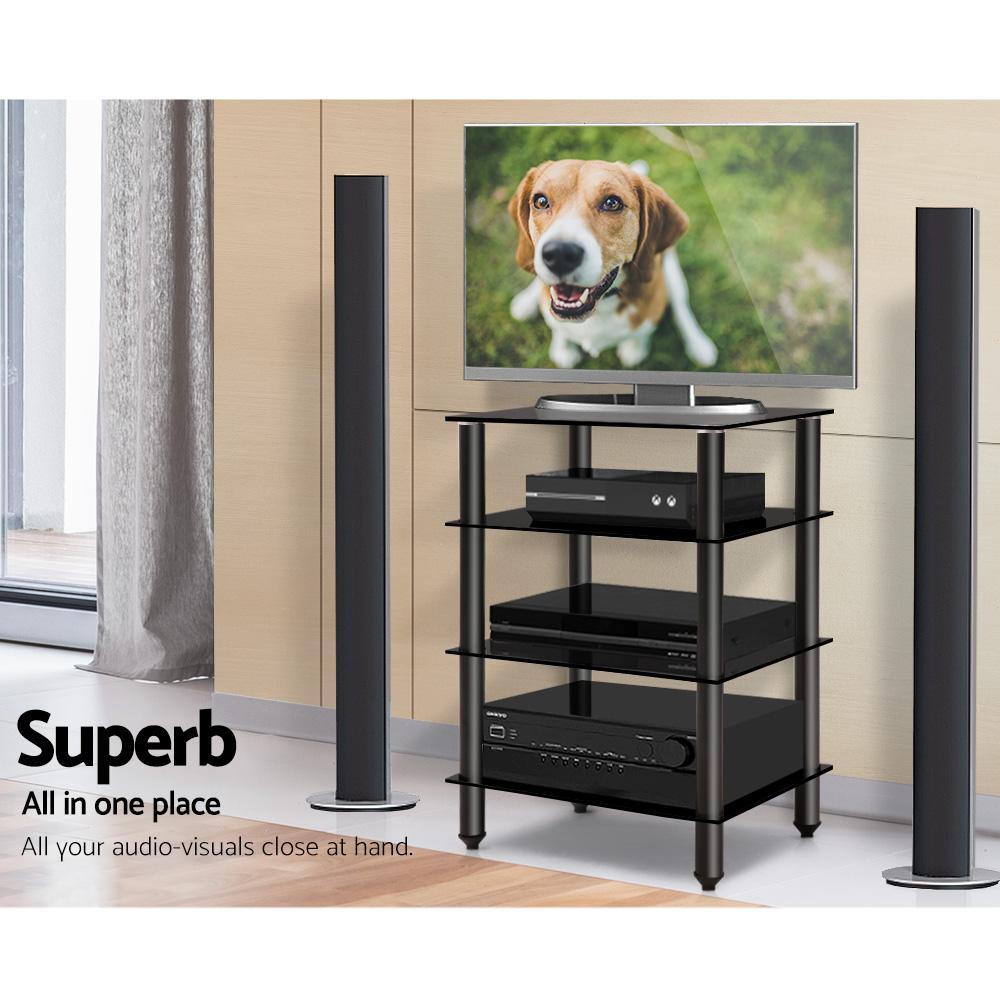 Artiss 4 Tier TV Media Stand featuring sleek black aluminum frame and tempered glass shelves, ideal for modern media storage.