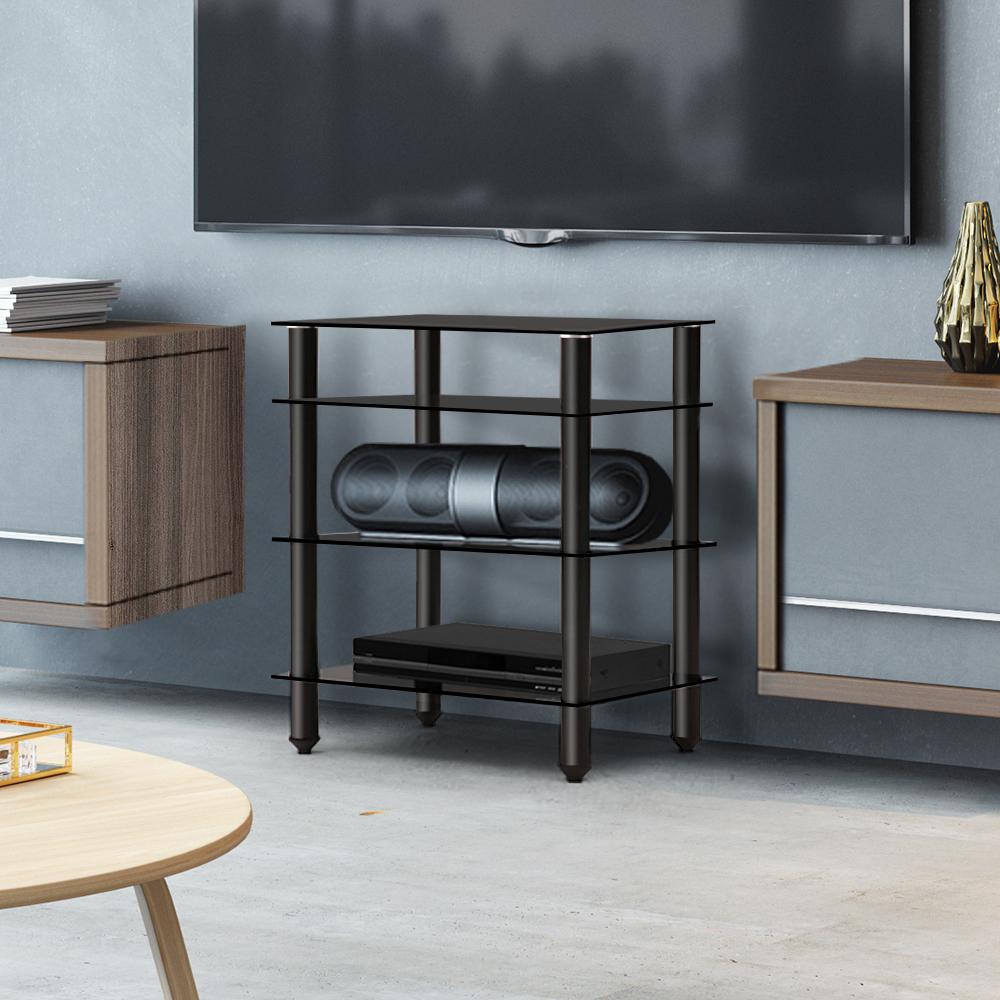 Artiss 4 Tier TV Media Stand featuring sleek black aluminum frame and tempered glass shelves, ideal for modern media storage.