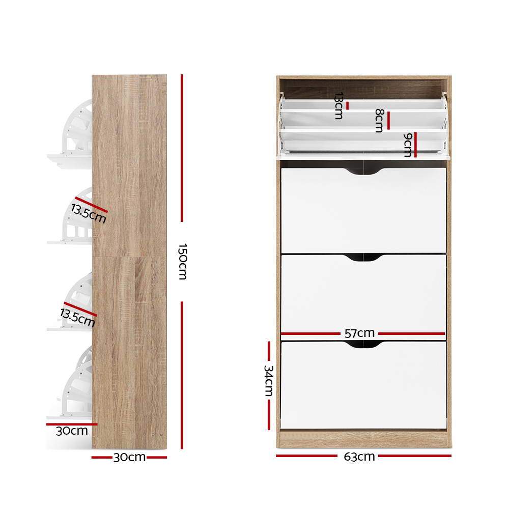 Artiss 48 Pairs Shoe Cabinet Rack Organiser in white and wood finish, featuring multiple compartments and adjustable shelves.