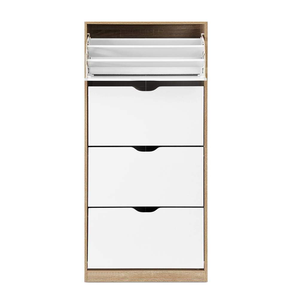 Artiss 48 Pairs Shoe Cabinet Rack Organiser in white and wood finish, featuring multiple compartments and adjustable shelves.