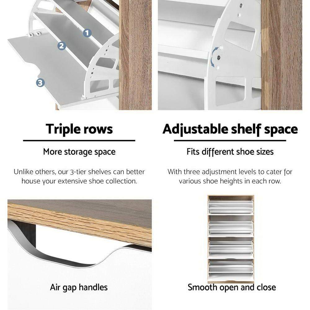 Artiss 48 Pairs Shoe Cabinet Rack Organiser in white and wood finish, featuring multiple compartments and adjustable shelves.