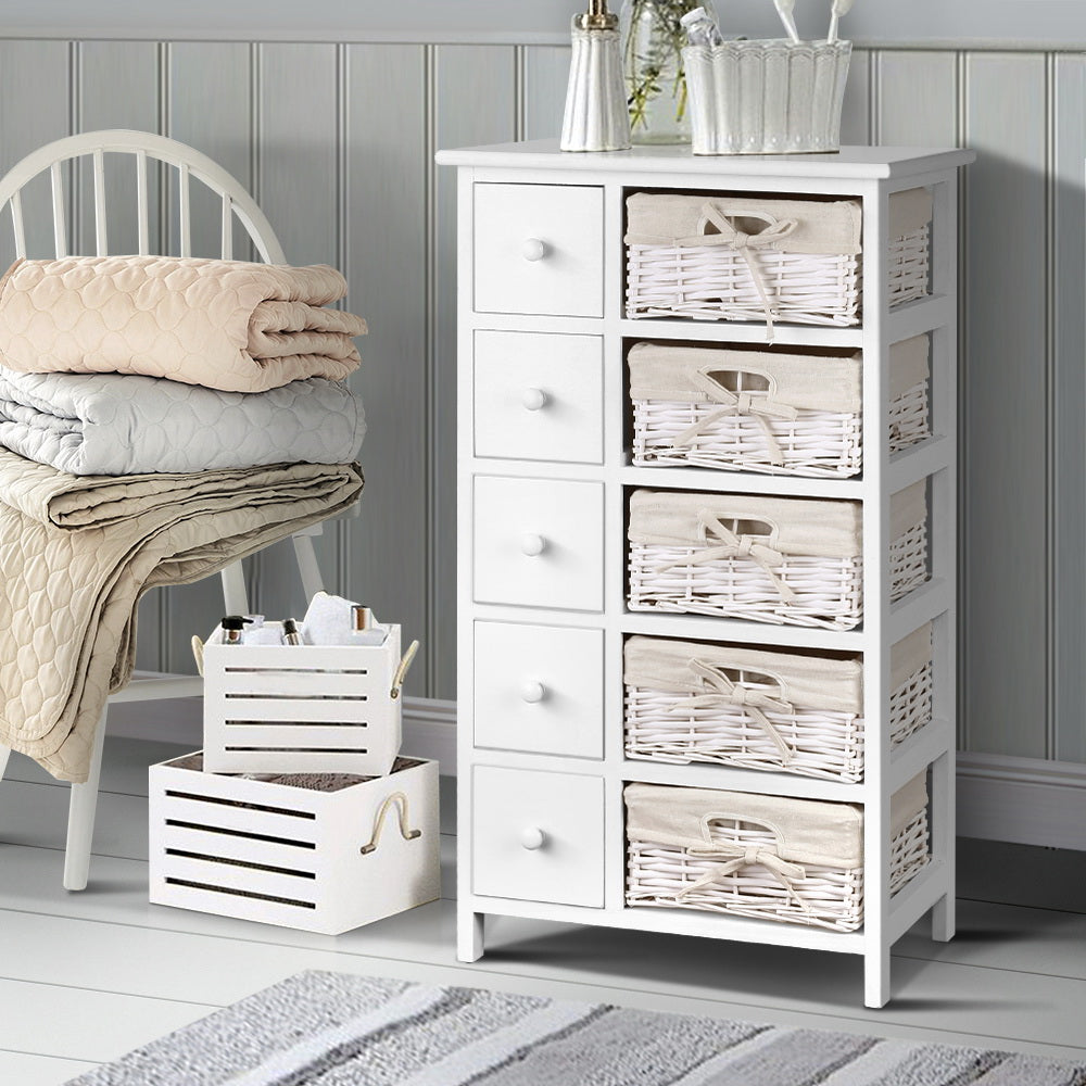 Artiss 5 Basket Storage Drawers in white, featuring five deep drawers and removable baskets, perfect for stylish home organization.