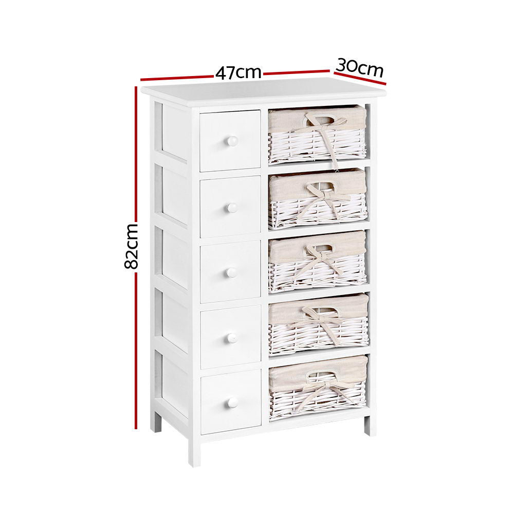 Artiss 5 Basket Storage Drawers in white, featuring five deep drawers and removable baskets, perfect for stylish home organization.