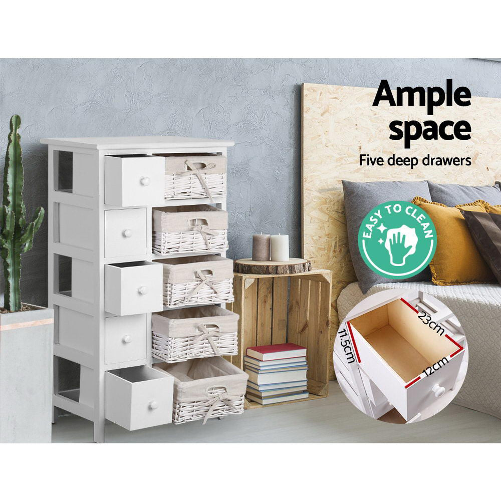 Artiss 5 Basket Storage Drawers in white, featuring five deep drawers and removable baskets, perfect for stylish home organization.