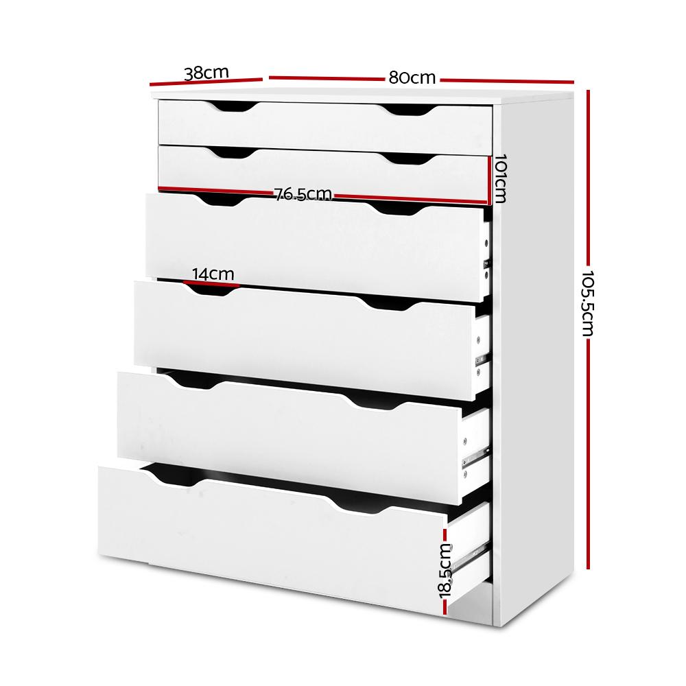 Artiss 6 Chest of Drawers Tallboy Cabinet in white finish with six drawers and stylish air gap handles.