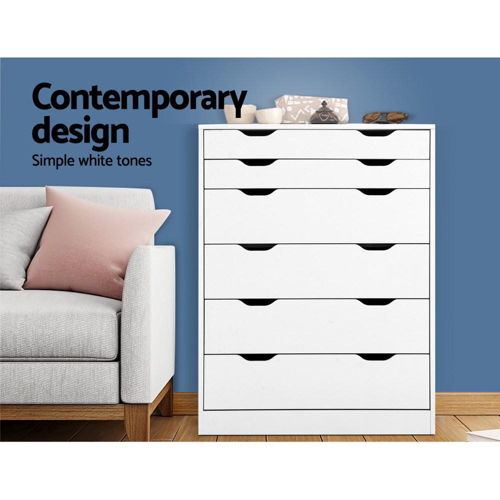 Artiss 6 Chest of Drawers Tallboy Cabinet in white finish with six drawers and stylish air gap handles.