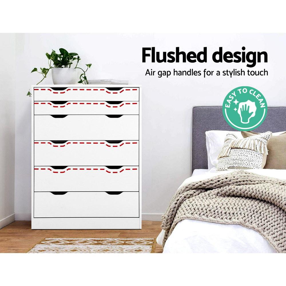 Artiss 6 Chest of Drawers Tallboy Cabinet in white finish with six drawers and stylish air gap handles.