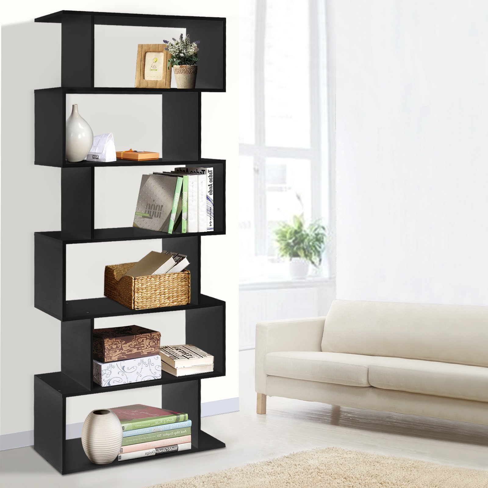 Artiss 6 Tier Display Shelf in Black showcasing its unique S-shape design with six cascading shelves, perfect for home decor.