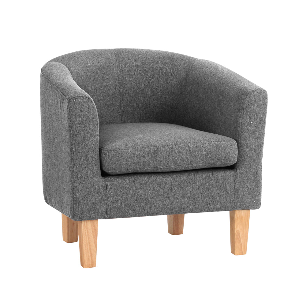 Artiss Abby Fabric Armchair in Grey with tufted design and rubber wood legs, showcasing modern style and comfort.